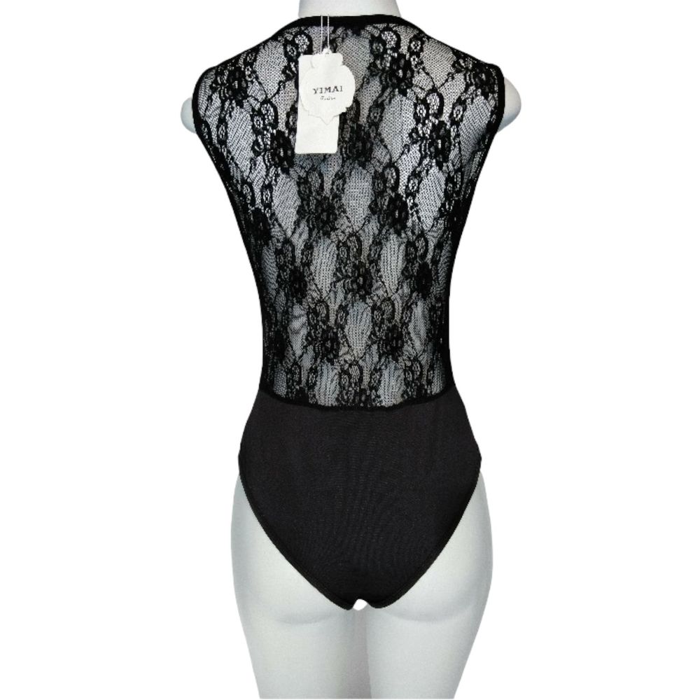 Yimai Sheer Mesh Lace Bodysuit Size M Black Sleeveless Lightweight Sexy Top NWT - Picture 3 of 12